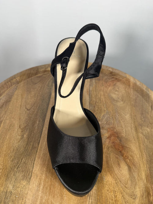 Halston Black Satin Platform Block Heel Sandals Ankle Strap Size 9 NWB