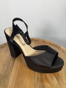 Halston Black Satin Platform Block Heel Sandals Ankle Strap Size 9 NWB