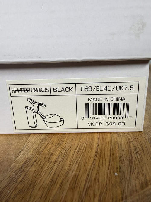 Halston Black Satin Platform Block Heel Sandals Ankle Strap Size 9 NWB
