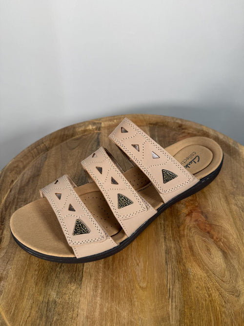 Clarks Laurieann Nora Sand Leather Slide Sandals US 12W Wide Comfort Slip-On NWB