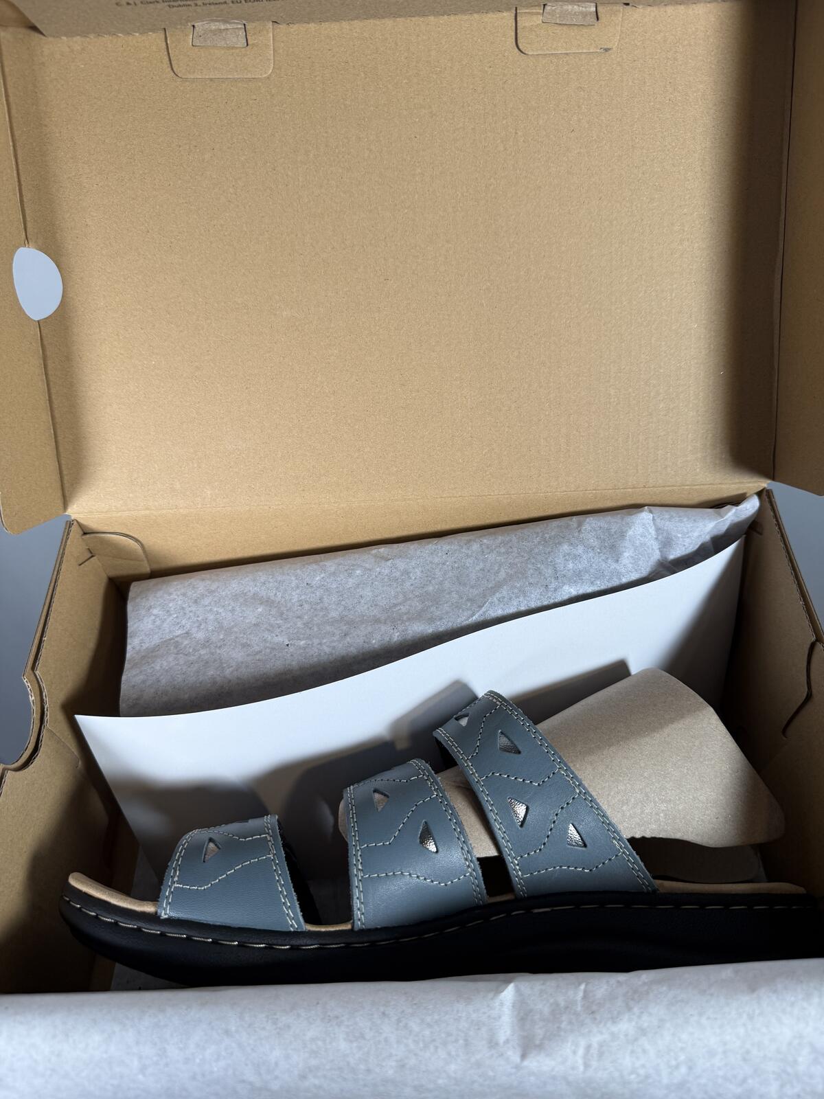 Clarks Laurieann Nora Blue Leather Slide Sandals US 12W Wide Comfort Slip-On NWB
