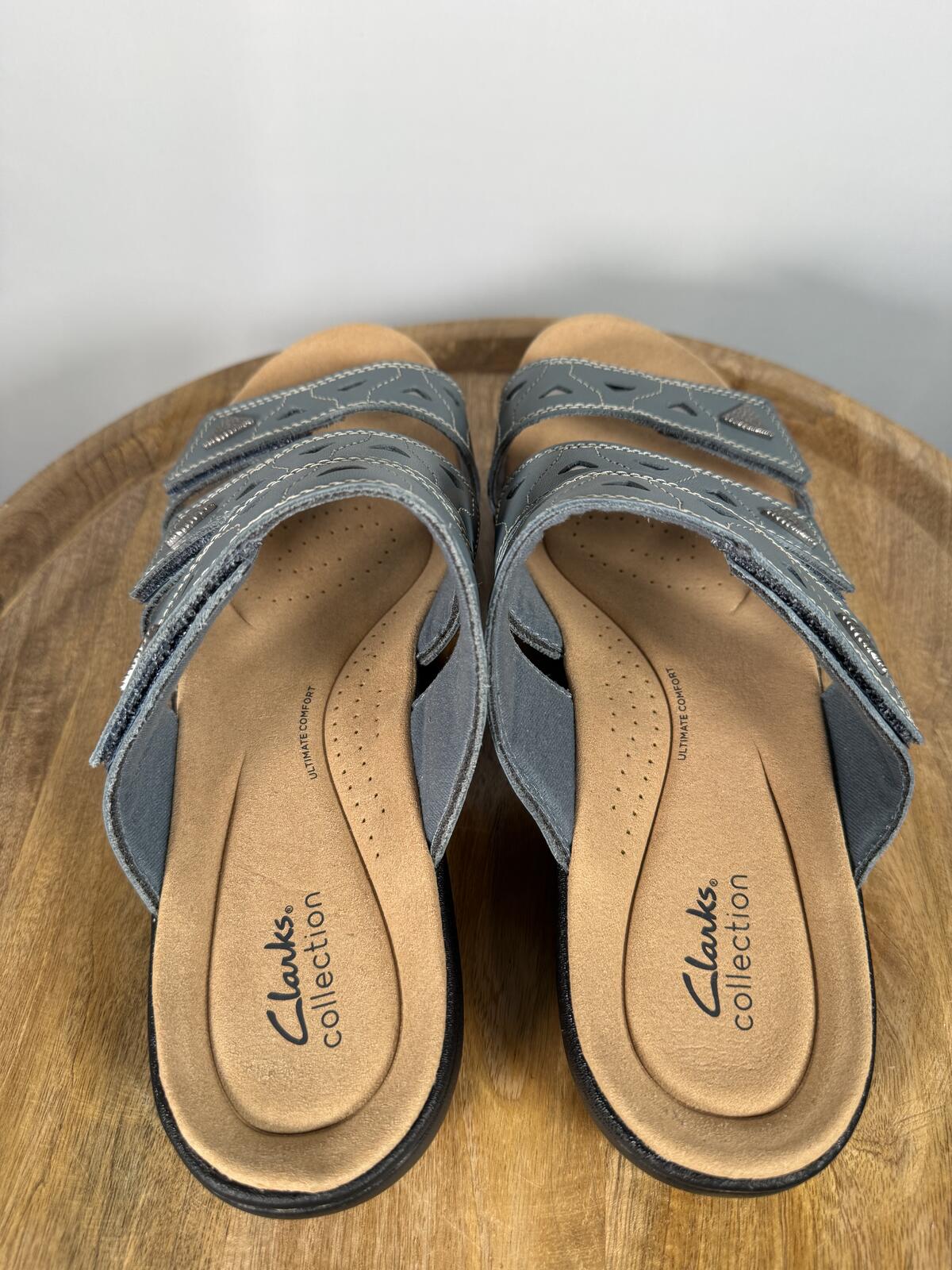 Clarks Laurieann Nora Blue Leather Slide Sandals US 12W Wide Comfort Slip-On NWB