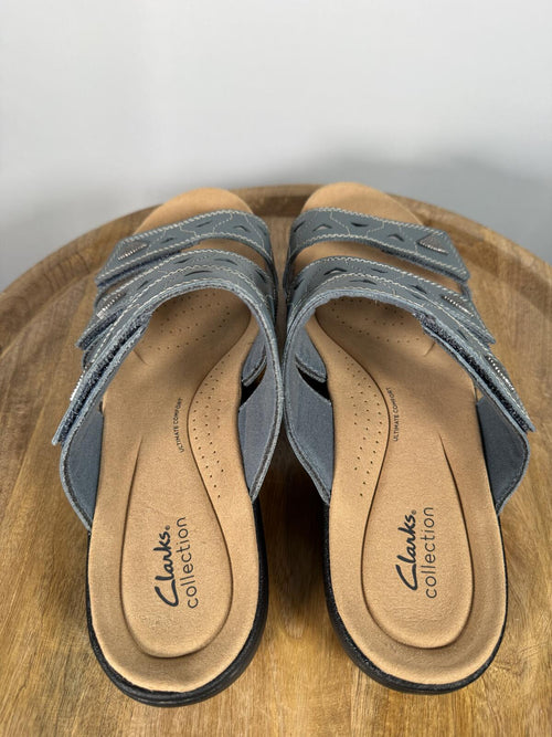 Clarks Laurieann Nora Blue Leather Slide Sandals US 12W Wide Comfort Slip-On NWB