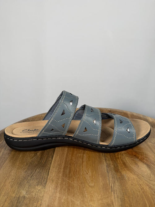 Clarks Laurieann Nora Blue Leather Slide Sandals US 12W Wide Comfort Slip-On NWB