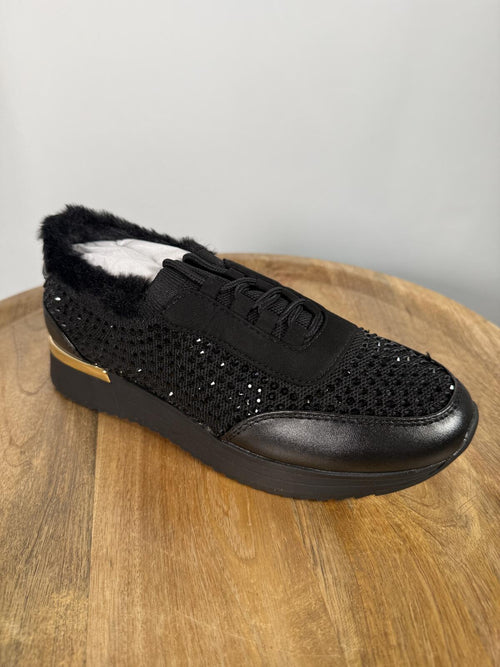 Kenneth Cole Reaction Black Cari Faux Fur Jewel Jogger Sneakers US 6M NWB
