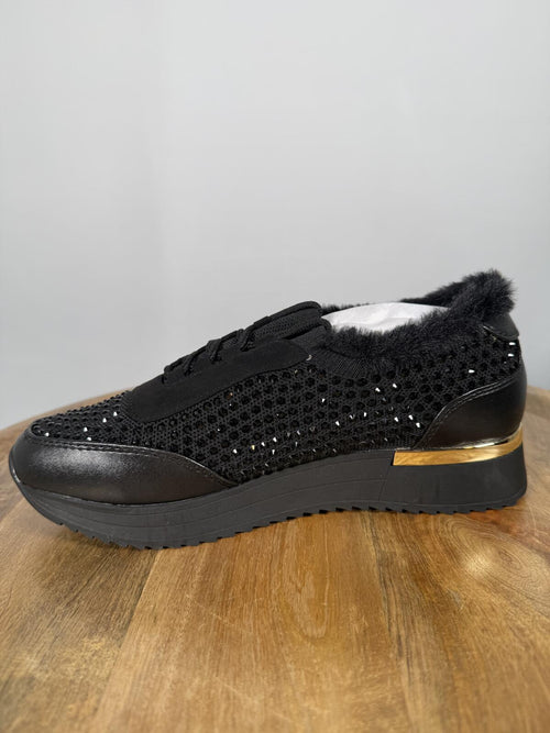 Kenneth Cole Reaction Black Cari Faux Fur Jewel Jogger Sneakers US 6M NWB