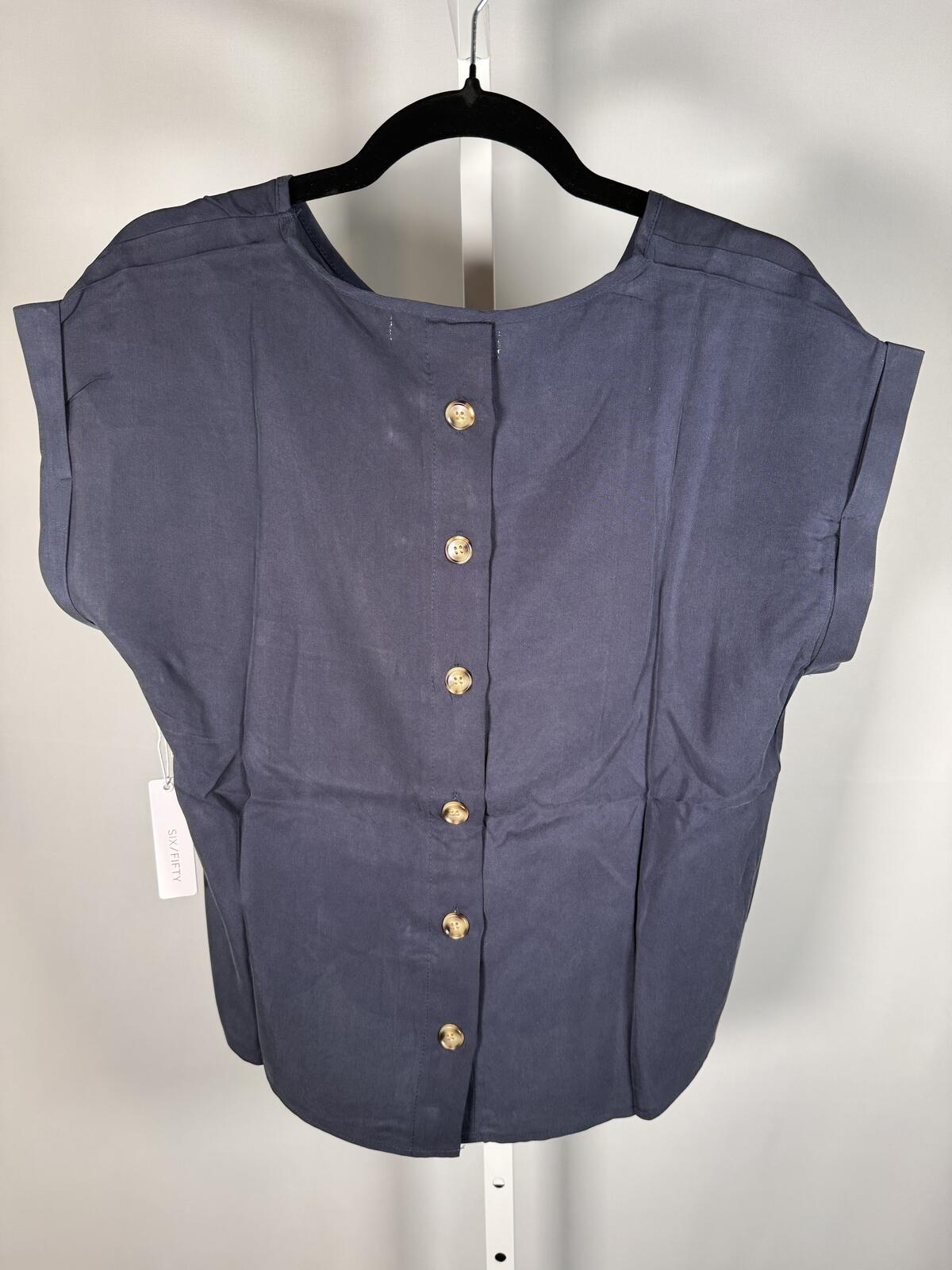 NWT Six/Fifty Navy Blue Short Sleeve Pocket Back Blouse Size Medium