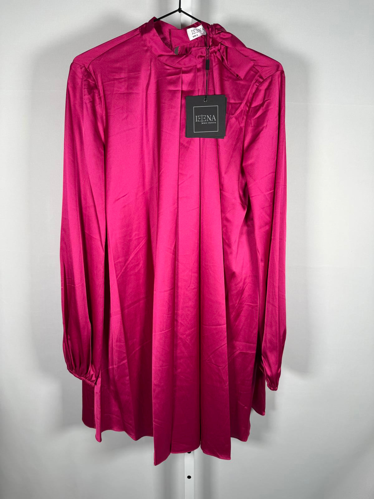 NWT Ieena for Mac Duggal 55968 Fuchsia Satin Long Sleeve Shirt Dress Size 6