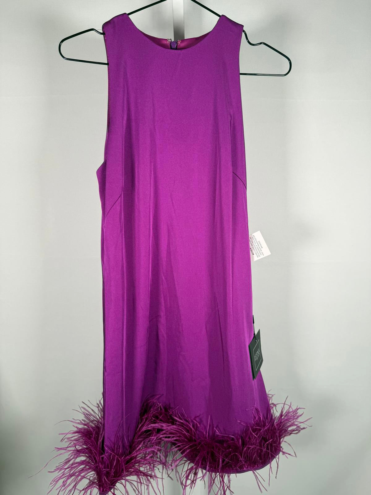 NWT Mac Duggal 55805 Purple Feather Hem High Neck Trapeze Dress Size 4