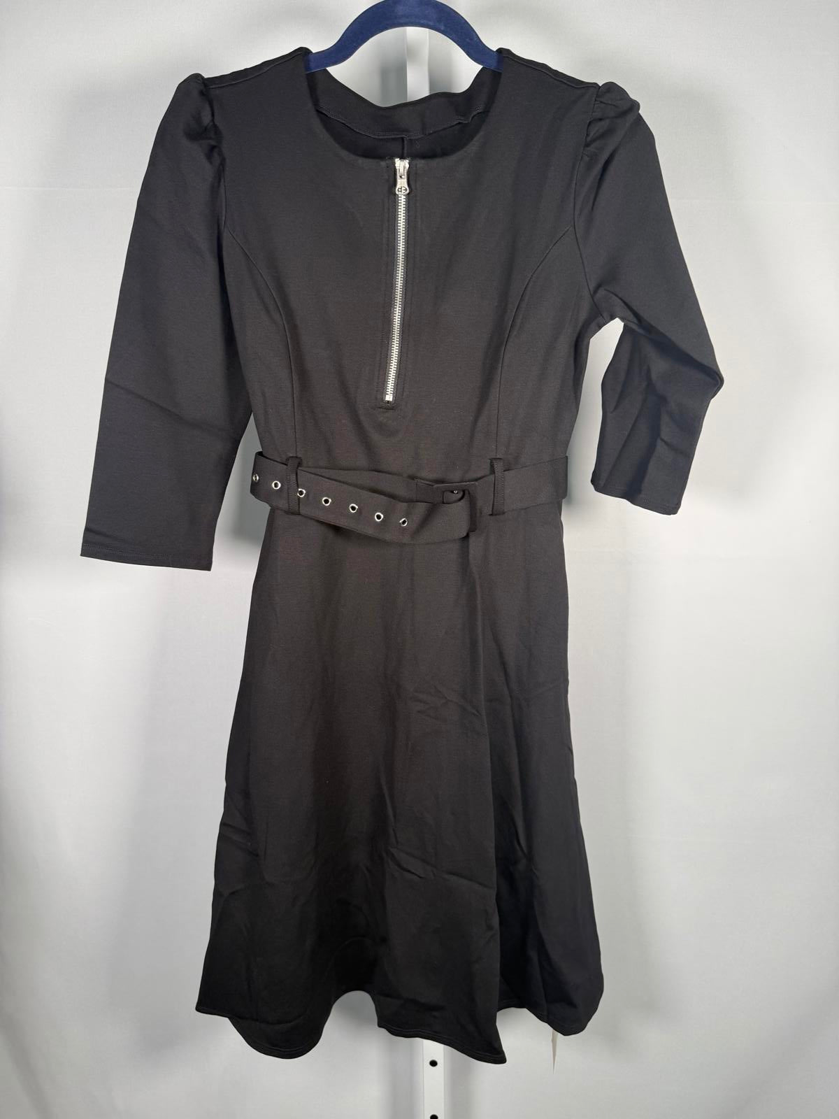 NWT Halara Round Neck Zipper Belted Pocket Midi Fit And Flare Work Dress Black S
