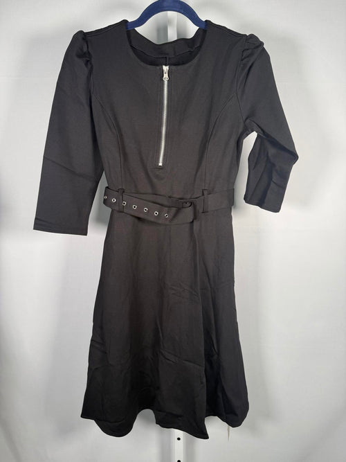 NWT Halara Round Neck Zipper Belted Pocket Midi Fit And Flare Work Dress Black S