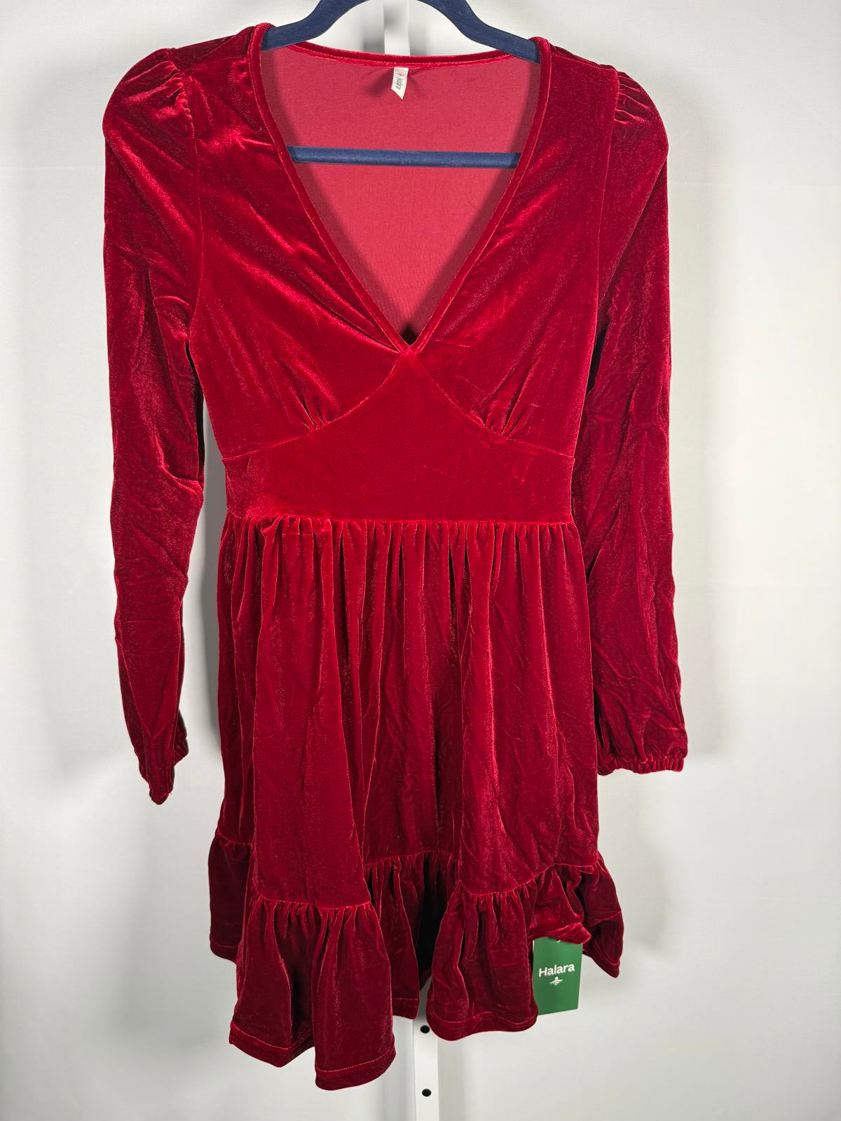 NWT Halara Deep V Neck Long Sleeve Ruffle Hem Velvet Mini Chill Dress Sangria XS