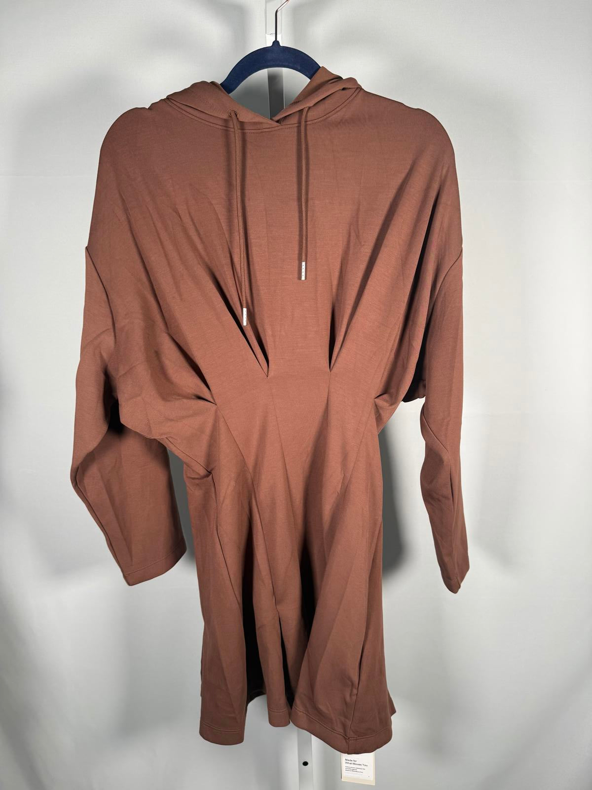 NWT Halara Drawstring Pleated Hem Mini Casual Hoodie Dress Brown Size Large