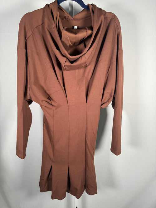 NWT Halara Drawstring Pleated Hem Mini Casual Hoodie Dress Brown Size Large