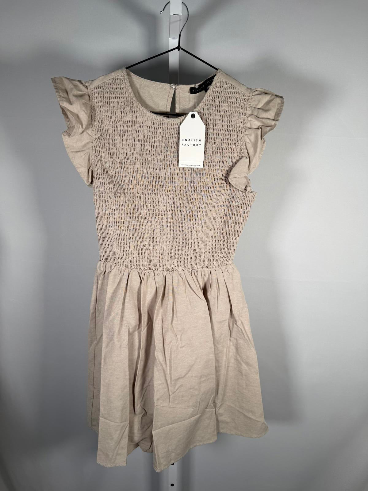 NWT English Factory Smocked Ruffle Sleeve Mini Dress Beige Size Small