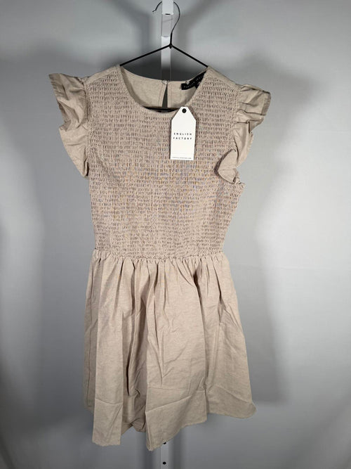 NWT English Factory Smocked Ruffle Sleeve Mini Dress Beige Size Small