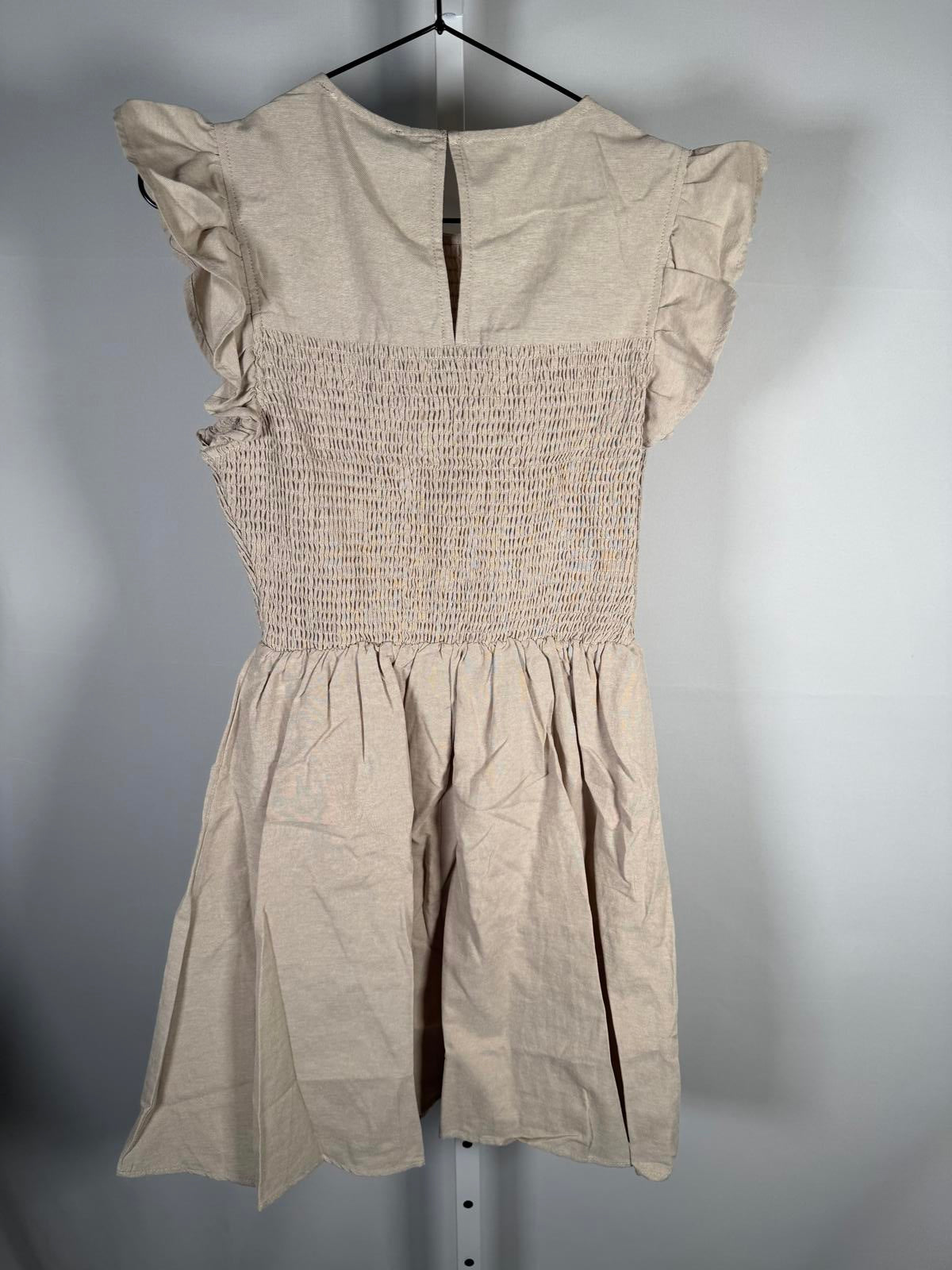 NWT English Factory Smocked Ruffle Sleeve Mini Dress Beige Size Small