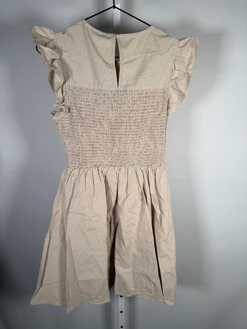 NWT English Factory Smocked Ruffle Sleeve Mini Dress Beige Size Small