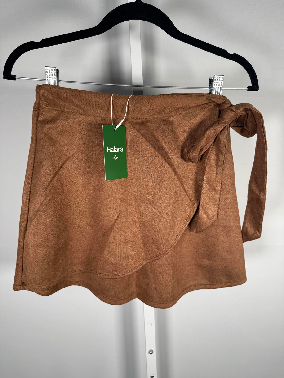 NWT Halara Suede Wrap Side Tie Mini Skirt Pecan Pie Brown Size S