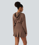 NWT Halara Drawstring Pleated Hem Mini Casual Hoodie Dress Brown Size Large