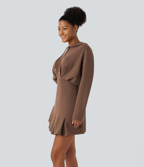 NWT Halara Drawstring Pleated Hem Mini Casual Hoodie Dress Brown Size Large