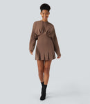 NWT Halara Drawstring Pleated Hem Mini Casual Hoodie Dress Brown Size Large