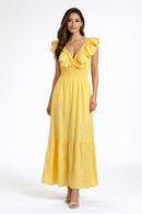 NWT Adrianna Papell Yellow Ruffle Maxi Dress Smocked Waist Size 6 $149 MSRP