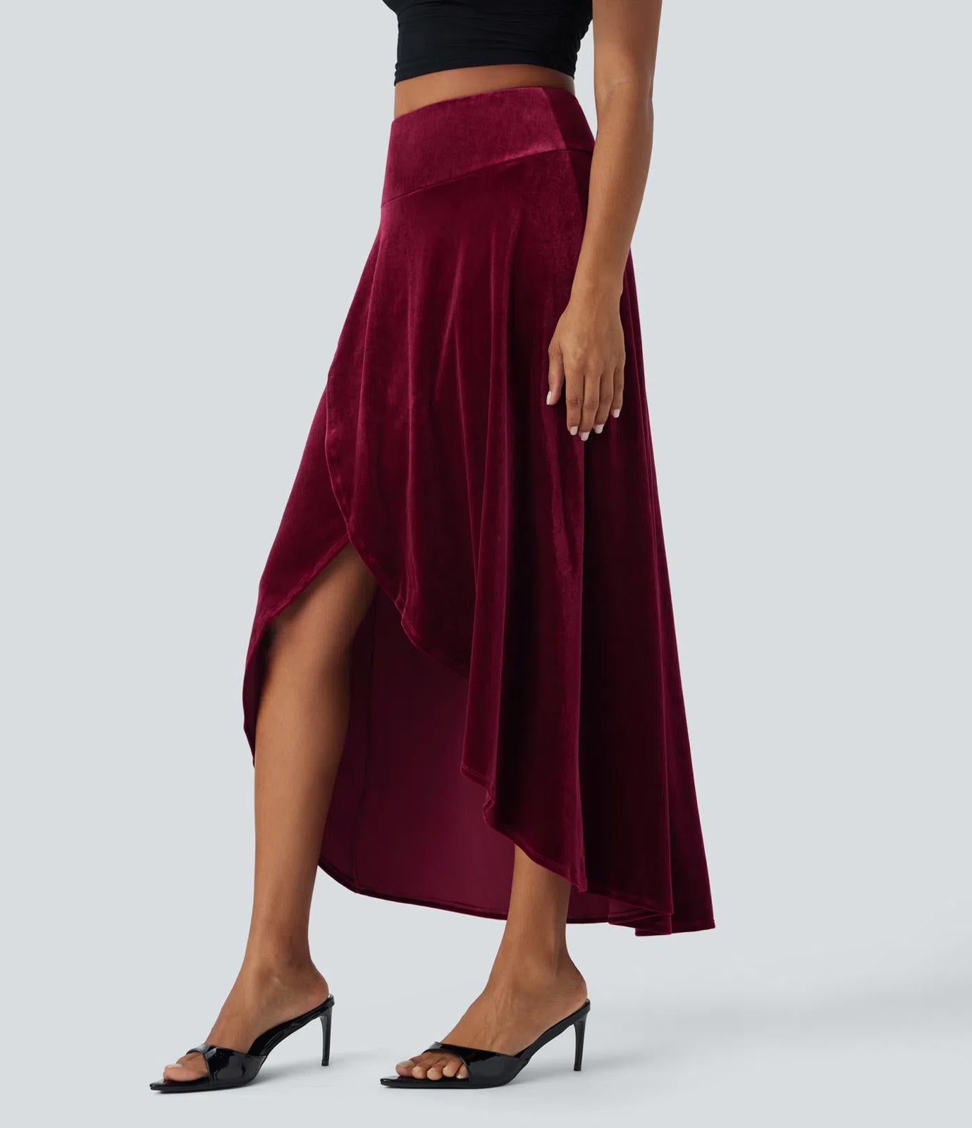 NWT Halara High Waisted High Low Crossover 2-in-1 Velvet Maxi Skirt Sangria M