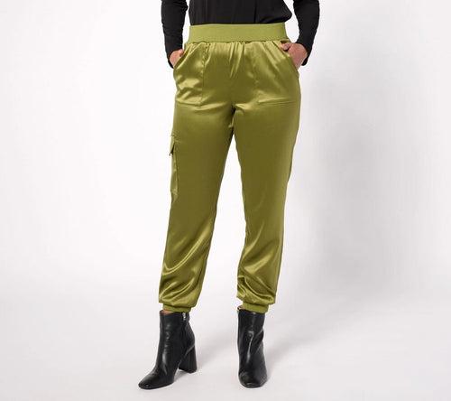 NWT LOGO by Lori Goldstein Women's Pants Satin Cargo Pant Green Size XL