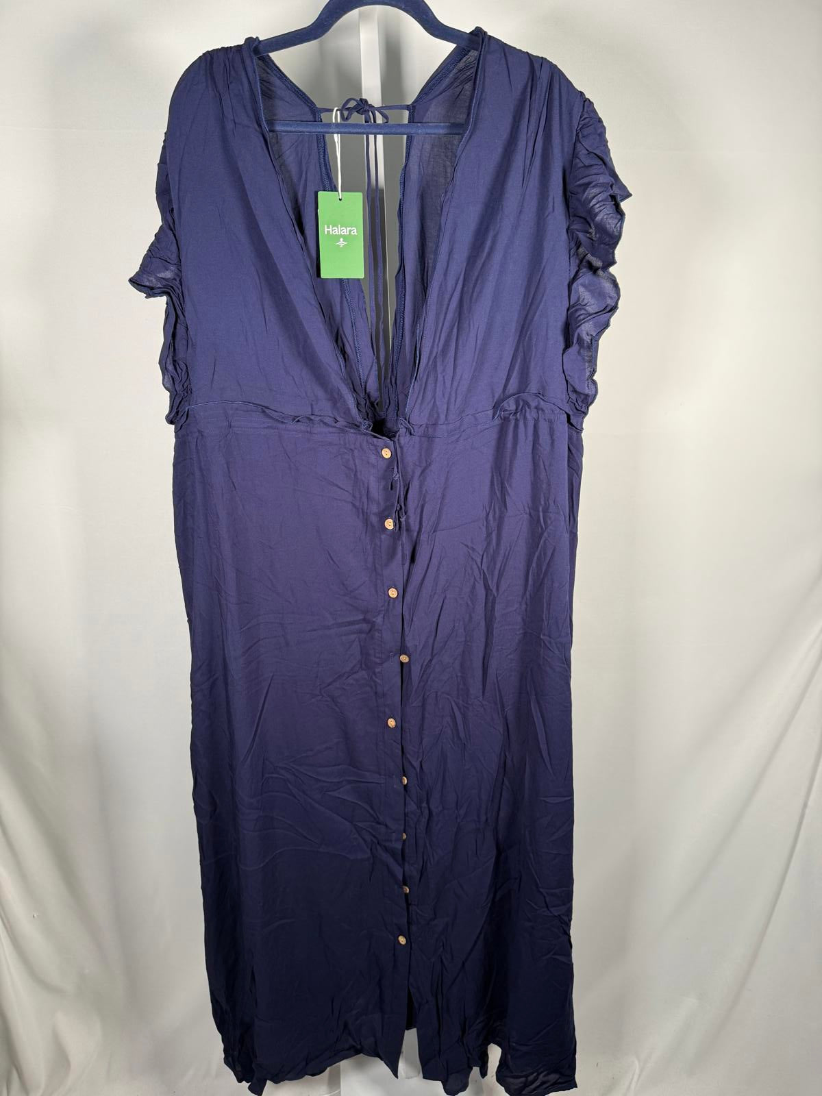 NWT Halara Deep V Neck Butterfly Sleeve Pocket Flowy Maxi Casual Dress Blue XL