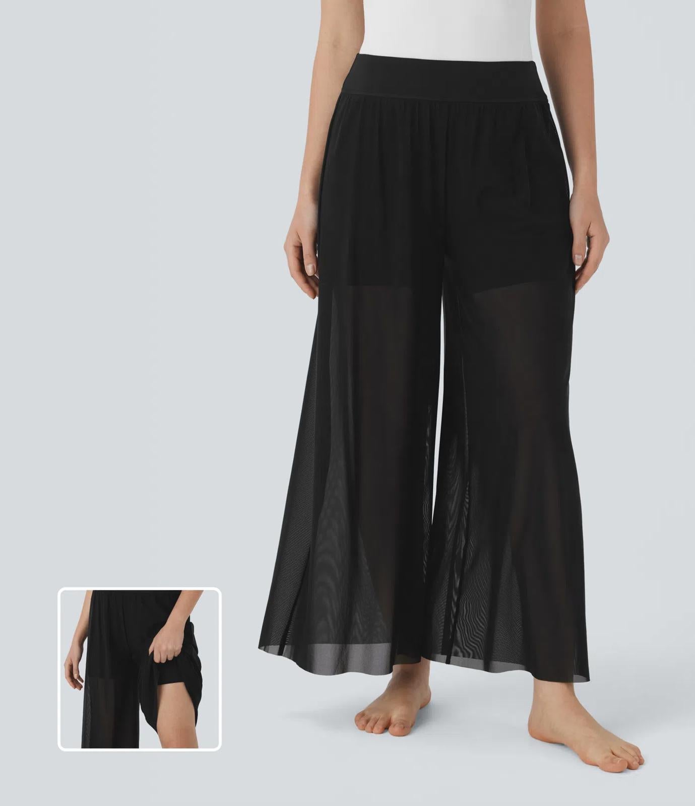 NWT Halara High Waisted 2-in-1 Mesh Wide Leg Flowy Dance Pants Black Size S