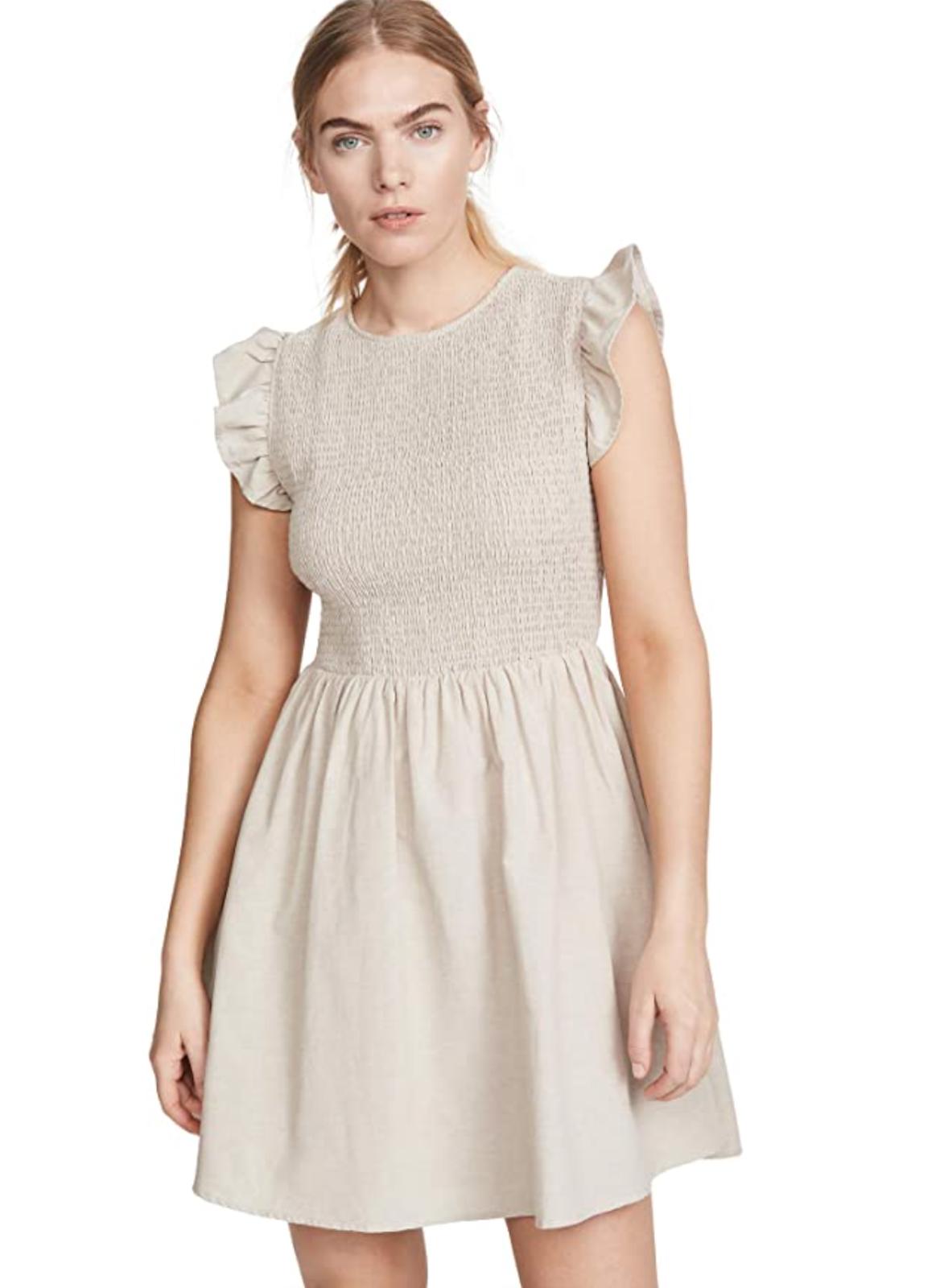 NWT REVOLVE English Factory Smocked Ruffle Sleeve Dress Beige S