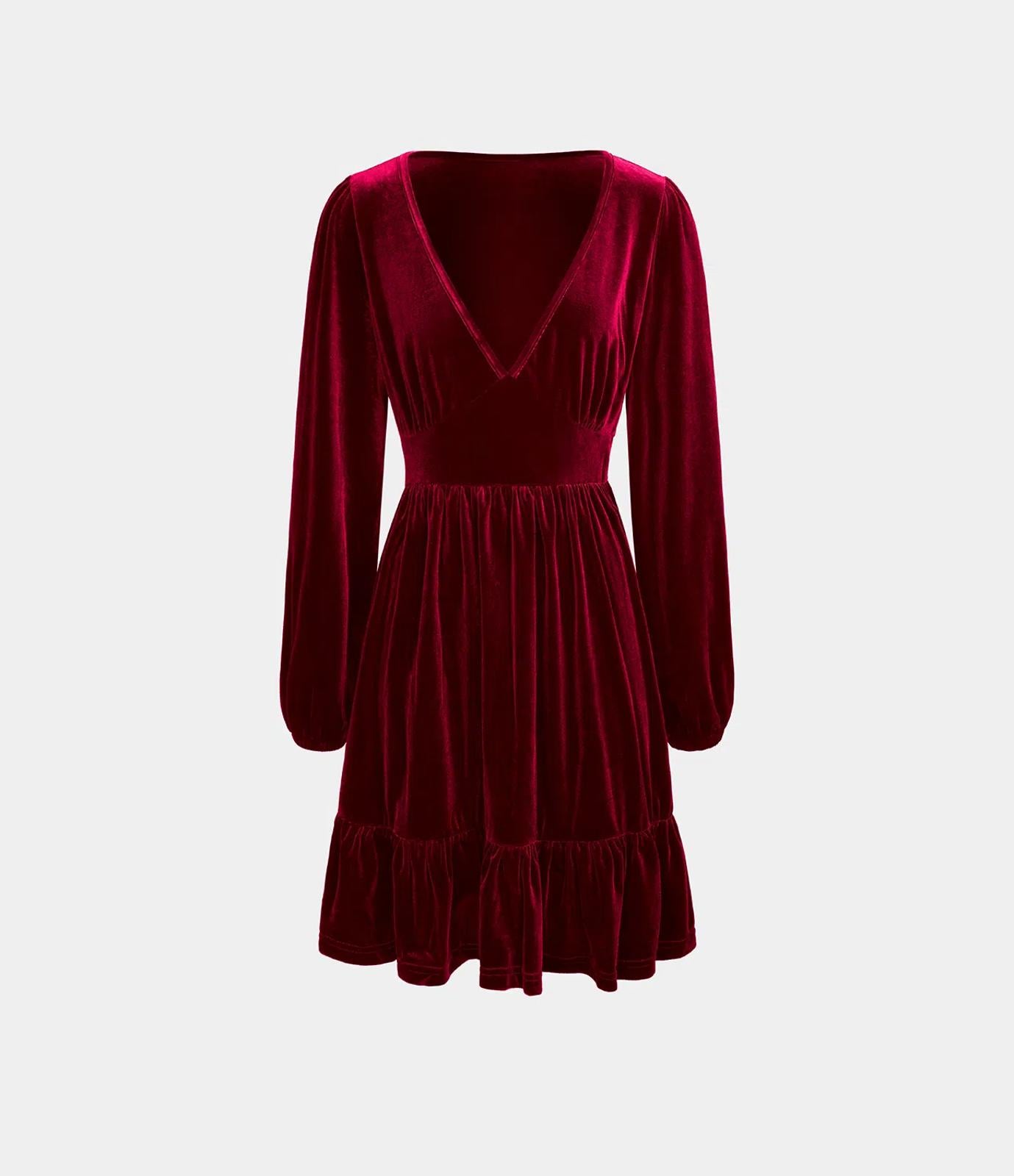 NWT Halara Deep V Neck Long Sleeve Ruffle Hem Velvet Mini Chill Dress Sangria XS