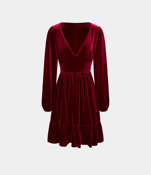 NWT Halara Deep V Neck Long Sleeve Ruffle Hem Velvet Mini Chill Dress Sangria XS