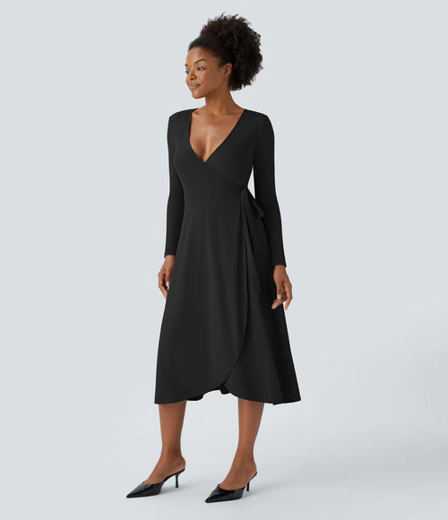 NWT HalaraDeep V Neck Long Sleeve Wrapped Tie Side Midi Casual Dress Black S