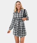 NWT Halara Tie Front Long Sleeve Plaid Mini Casual Dress Graphite White Plaid S