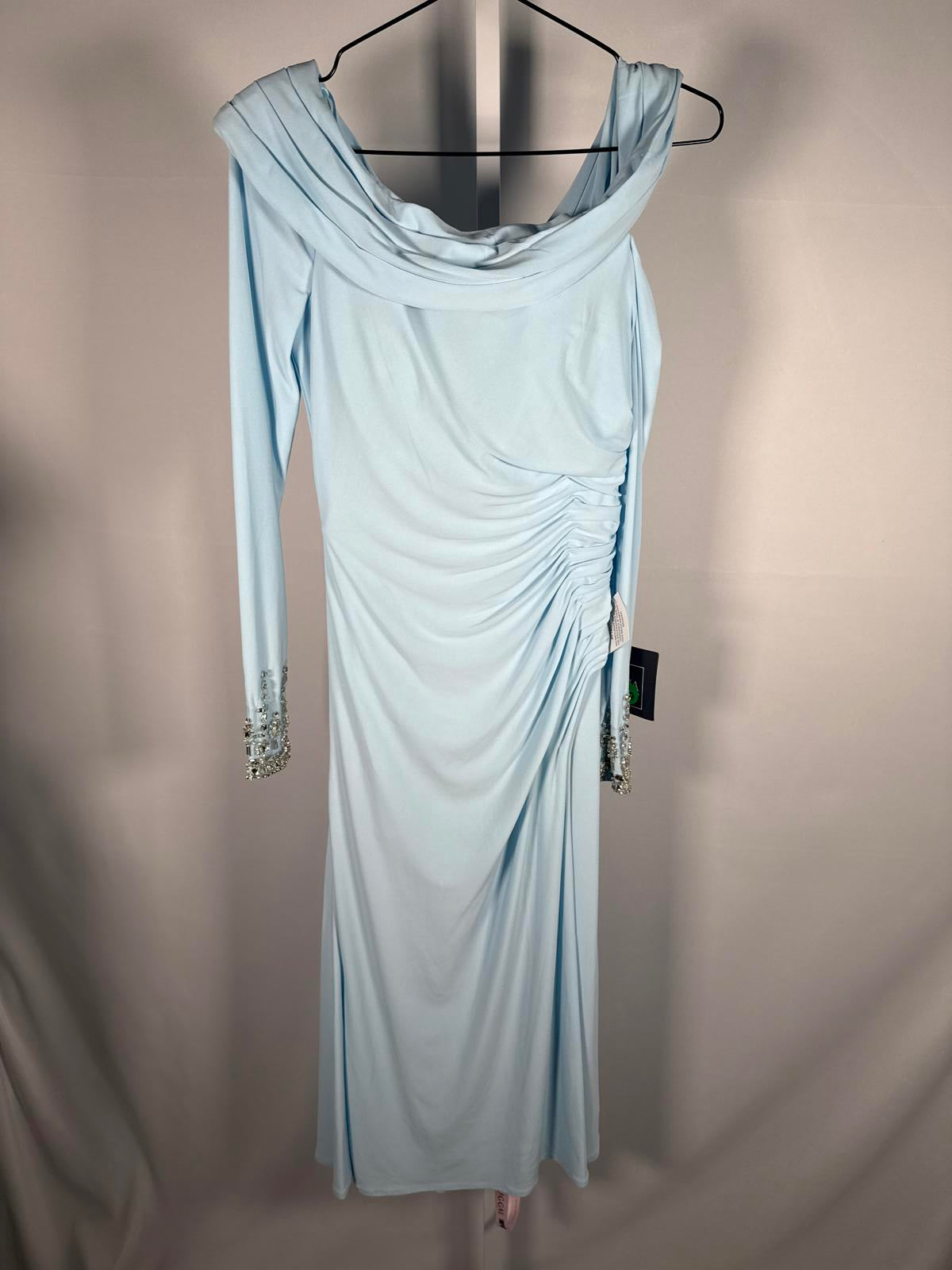 NWT MacDuggal Foldover Long Sleeve Jeweled Midi Dress Powder Blue Size 0