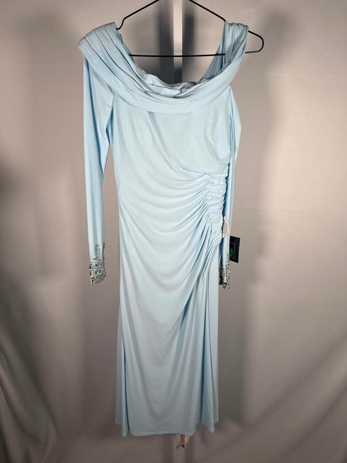 NWT MacDuggal Foldover Long Sleeve Jeweled Midi Dress Powder Blue Size 0
