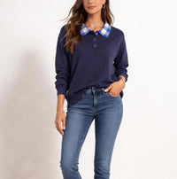 NWT Curations x TY Mayberry Women’s Navy Knit Sweater Top Blue Gingham Collar XL
