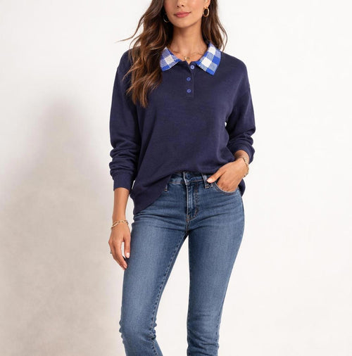 NWT Curations x TY Mayberry Women’s Navy Knit Sweater Top Blue Gingham Collar XL