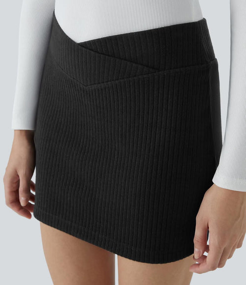 NWT Halara Ribbed Knit Crossover High Waisted 2-in-1 Slim Mini Skirt Black L