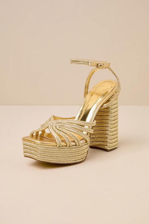 Lulus Seelah Gold Metallic Strappy Platform High Heel Sandals - 11 NWB