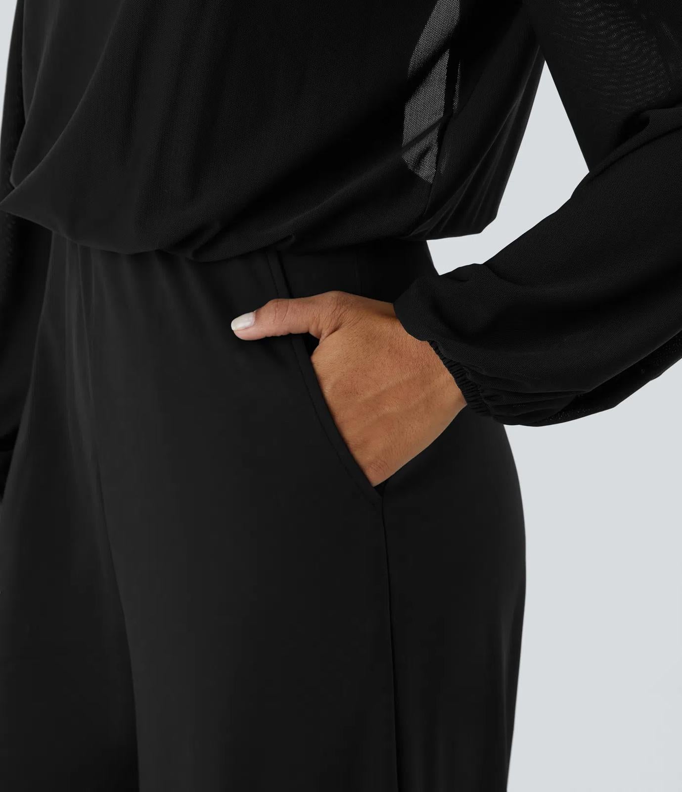 NWT Halara SoftlyZero Long Sleeve Keyhole Back 2-in-1 Pocket Wide Leg Jumpsuit S