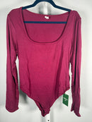 NWT Halara U Neck Long Sleeve Snap Button Skinny Work Bodysuit Red Violet, Large