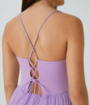 NWT Halara V Neck Ruched Lace Up Contrast Mesh Midi Casual Dress Orchid Bloom L