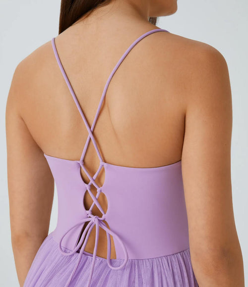 NWT Halara V Neck Ruched Lace Up Contrast Mesh Midi Casual Dress Orchid Bloom L