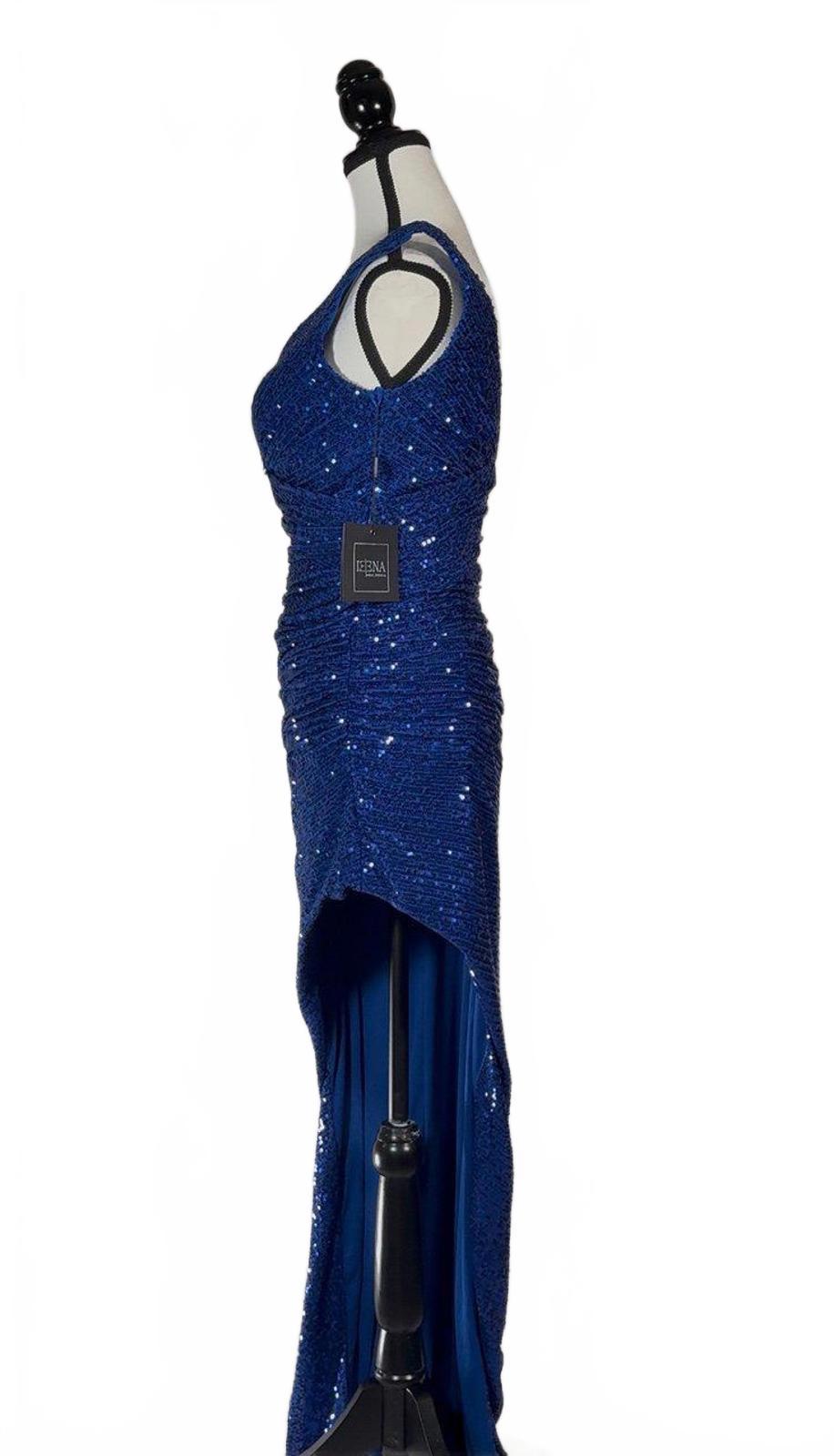 NWT Mac Duggal Blue Sequin Faux Wrap Formal Gown Asymmetrical Hem Size 4