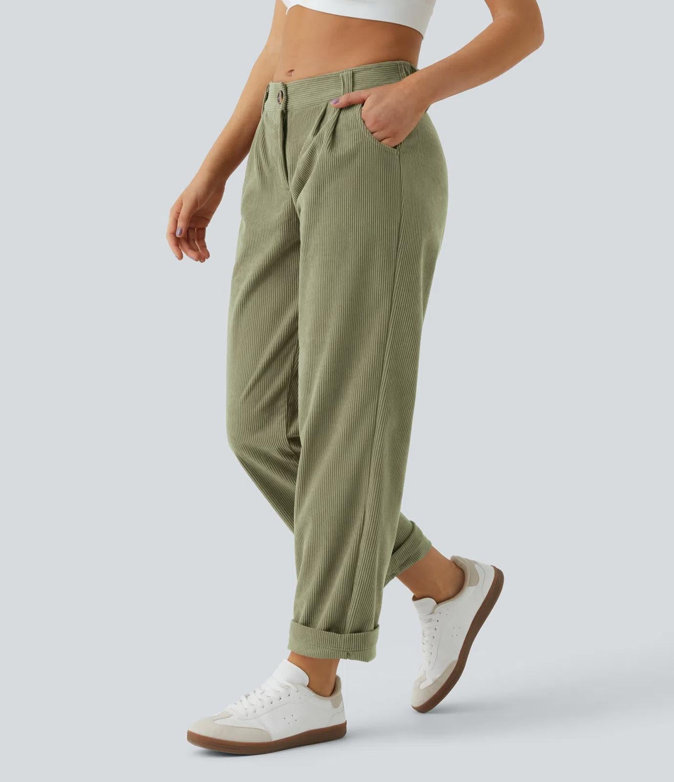 NWT Halara Mid Rise Zipper Pocket Corduroy Casual Pants Fresh Grass Green Size M