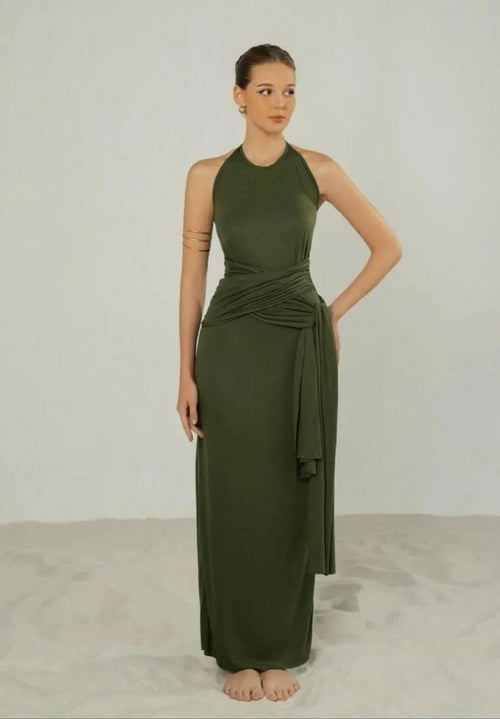 Atelier Olive Green Maxi Dress with Tie Detail Size M