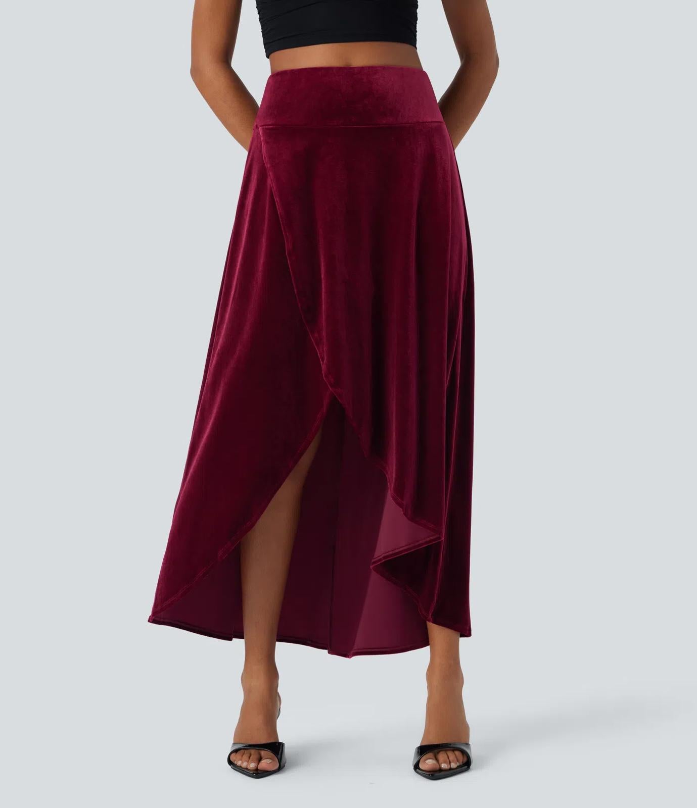 NWT Halara High Waisted High Low Crossover 2-in-1 Velvet Maxi Skirt Sangria M